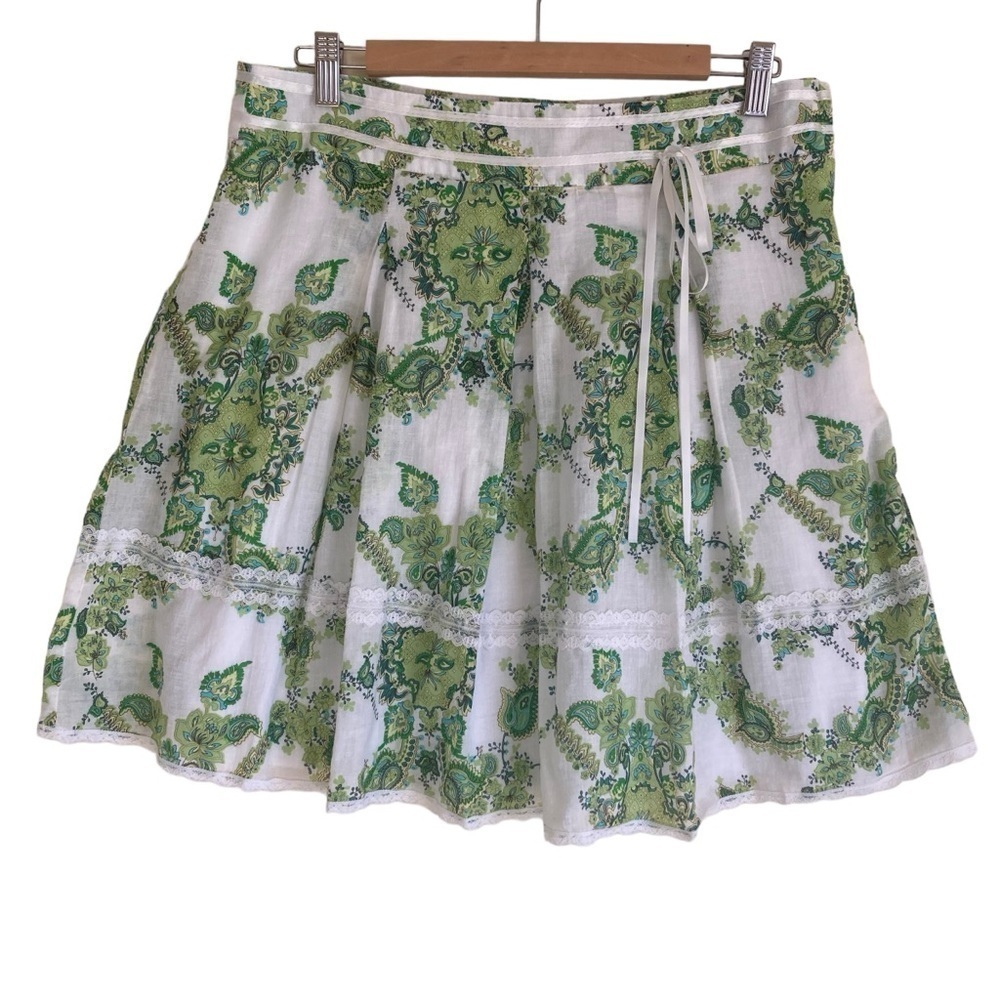 La Belle Vintage A-line Paisley Mini Skirt Pleated Lace Trims Satin Bow Sz 9 / M